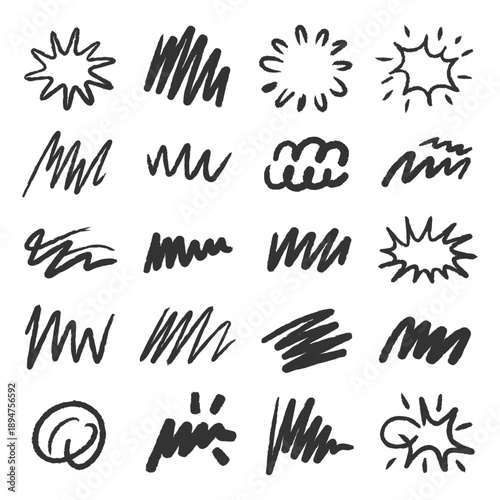 Collection of abstract black scribble shapes on a white background