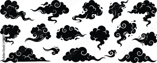 A diverse collection of stylized black smoke cloud graphic illustrations, perfect as an icon set with transparent backgrounds, available as a vector texture on white png