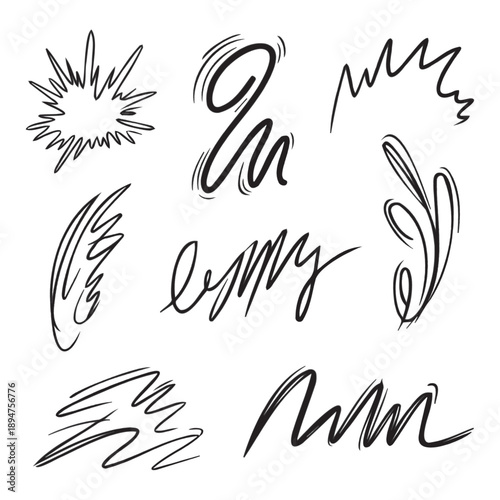 Collection of black and white hand drawn comic book style explosion and swirl effects