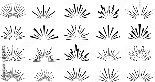 An illustration and graphic icon set of sunburst, starburst, and radiating lines elements, perfect for adding texture. Vector graphics isolated on white, PNG format with transparent backgrounds