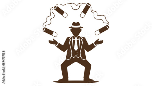 A man in a suit juggles cigars with smoke rising from them.