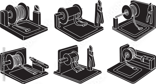 Wire spool winding machine in various stages illustration set