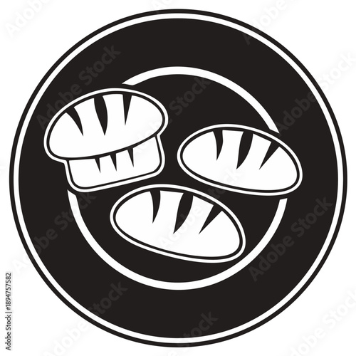 Black and white icon of three loaves of bread on a plate for bakery or food themes