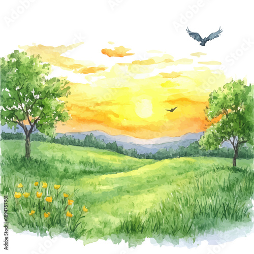 Spring Sunrise Over Hills, watercolor clipart vector, isolated on a white background.