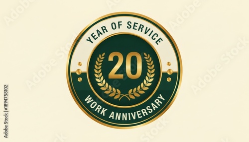 Professional gold and green 20 year work anniversary badge for long term loyalty reward