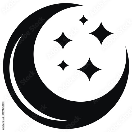 Stylized Crescent Moon with Sparkling Stars Silhouette Icon
