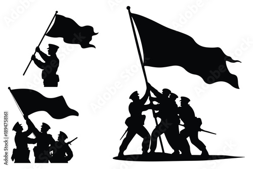 Silhouettes of soldiers holding flags and standing together