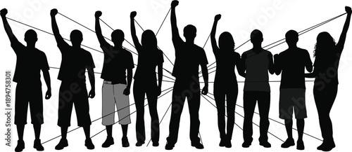 People unity silhouette illustration, diverse group holding raised fists, teamwork solidarity concept, social movement protest symbol, community strength, isolated black vector
