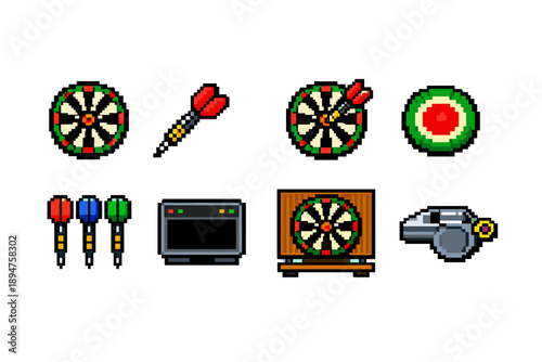 Pixel art darts set with dartboard, arrows, target, scoreboard display, cabinet board, and referee whistle arranged as retro game icons