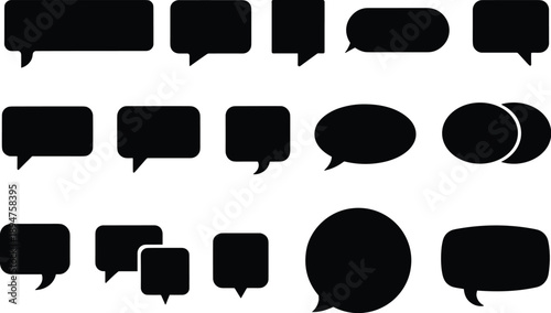 Vector graphic illustration of various black speech bubble icons isolated on a white background, transparent PNG texture suitable for web and design