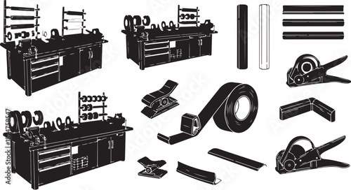 Black and white illustration of various workshop tools displayed