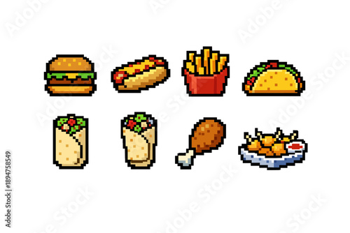 Pixel art fast food icons set featuring burger, hotdog, fries, taco, burritos, chicken drumstick, and nachos in retro 8-bit style