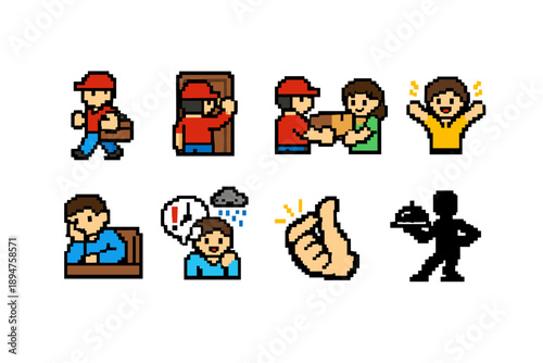 Pixel art set of delivery worker, door drop-off, customer handshake, cheering, desk work, speech bubble alert, thumbs up approval, and silhouette figure