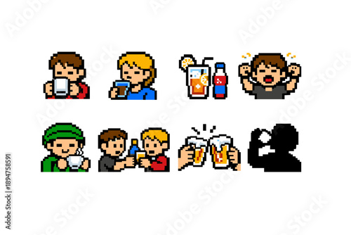 Pixel art icon set of people drinking beverages, cheering with beer mugs, sipping coffee and soda, and showing excitement in retro style