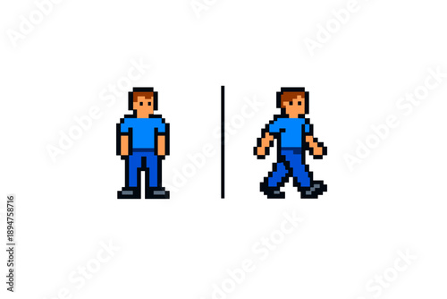 Pixel art sprite of a blue-clothed character shown in idle standing and walking animation frames, separated by a vertical divider on white background