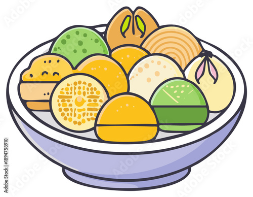 Vibrant Assorted Asian Desserts Dumplings and Pastries in Bowl Illustration
