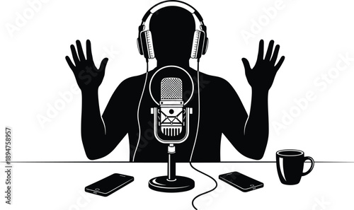 Podcast recording silhouette illustration, radio host with microphone and headphones, audio broadcasting studio setup, content creation concept, isolated black vector on white background