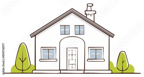 Simple stylized house with arched entryway and two trees flanking