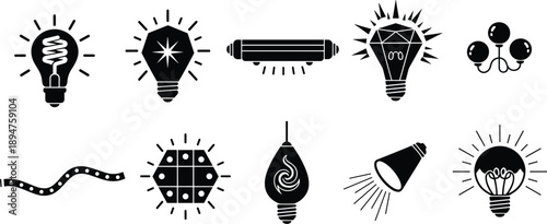 Vector illustration graphic icons of light bulbs, glowing lights, and illumination elements, isolated on white background, transparent PNG texture