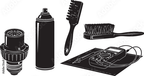 Black and white illustration of barber tools and equipment