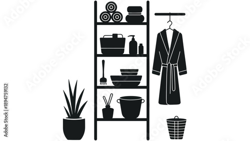 A bathroom shelf holds towels, toiletries, and cleaning supplies.