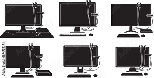 Computer monitors with various cable connections and stands