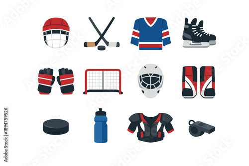 Collection of ice hockey equipment icons on a white background