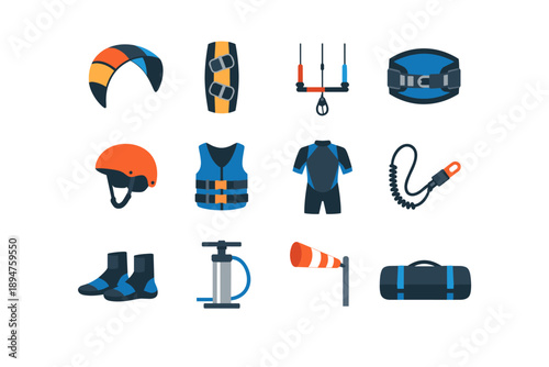 Kitesurfing equipment collection flat vector icons for water sports and adventure