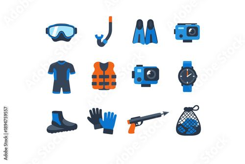 Collection of flat icons representing scuba diving and snorkeling equipment for underwater adventures