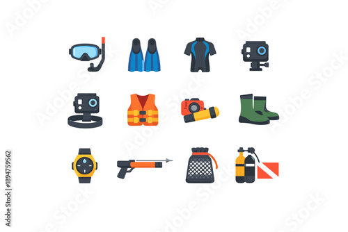 Collection of flat icons representing scuba diving and water sports equipment