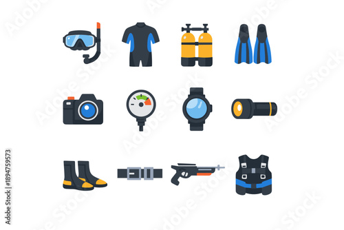Collection of flat icons representing scuba diving equipment and accessories