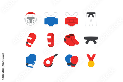 Collection of martial arts equipment and accessories for combat sports training