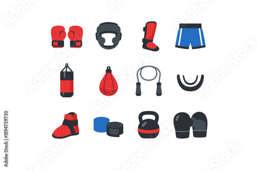Collection of combat sports equipment and training gear on a white background