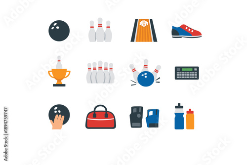 Collection of bowling sport icons and equipment for a game of ten pins