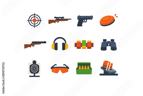 Collection of shooting sports and hunting equipment icons on a white background
