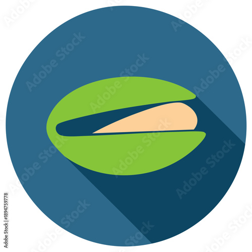 Pistachio Icon on Blue Round Background: Green Nut Shell, Flat Design with Shadow