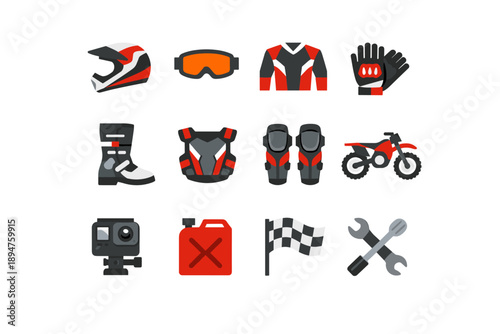 Motocross gear and accessories collection, flat design icons for extreme sports enthusiasts