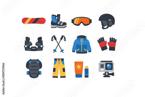 Collection of winter sports equipment and clothing icons on a white background
