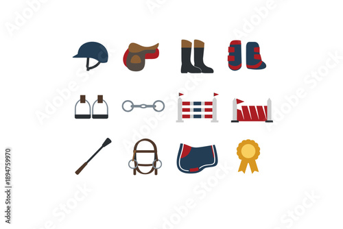 Equestrian equipment icons for horse riding and show jumping sports