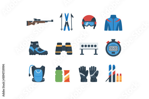 Biathlon equipment collection: rifle, skis, boots, helmet, and stopwatch