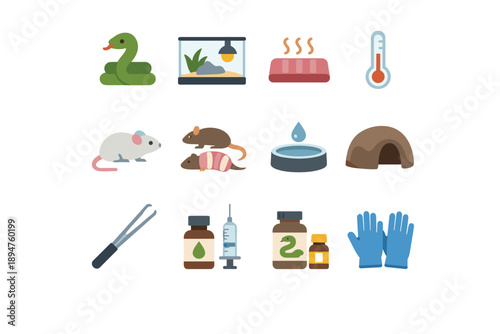Reptile care icons including snake, terrarium, heat lamp, thermometer, and supplies