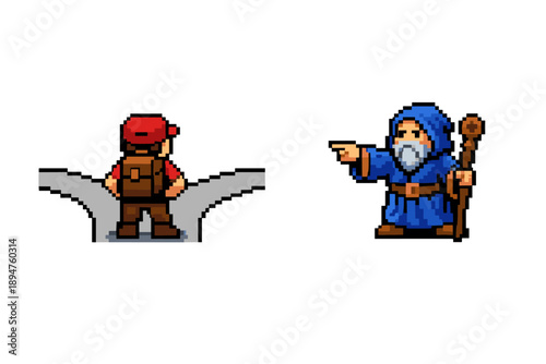 Pixel art scene of a traveler at a forked path facing a hooded wizard pointing the way, illustrating choice, guidance, and fantasy journey