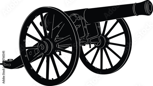 Black silhouette of a vintage military cannon on wooden wheels, historical artillery weapon for war and defense, antique field gun vector illustration