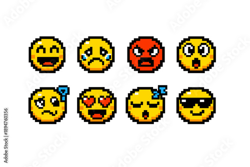 Set of pixelated emoticon faces showing happiness, sadness, anger, surprise, love, sleepiness, coolness, and playful expressions on white background
