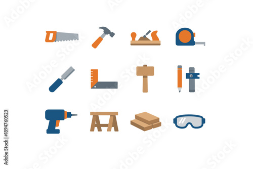 Flat woodworking tool icons set showing saw, hammer, plane, tape measure, drill and goggles