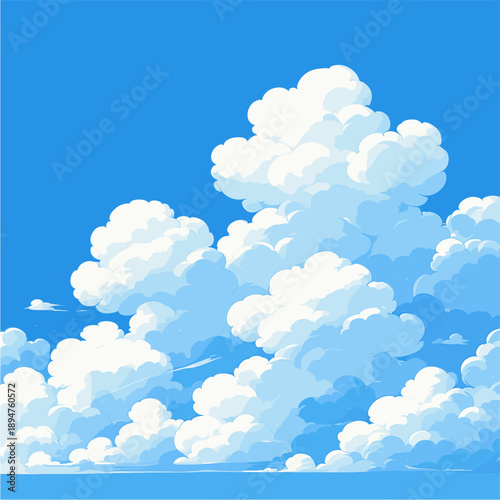 Square digital cartoon illustration of a bright blue sky filled with massive, fluffy white cumulus clouds. The artistic style resembles anime background