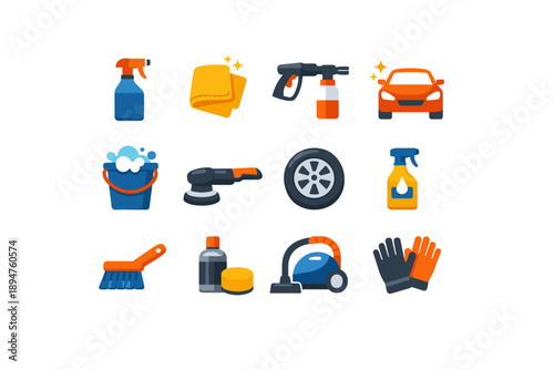 Collection of car wash and detailing equipment icons on a white background