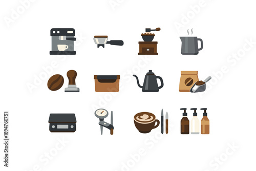 Stylized flat icons of barista tools and coffee equipment arranged on white background