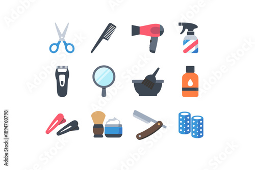 Collection of professional hairdressing and barber tools and accessories