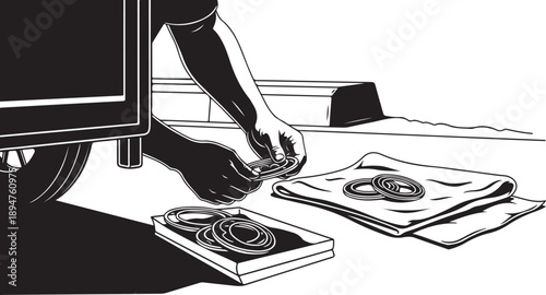 Person placing vinyl records on stack beside truck